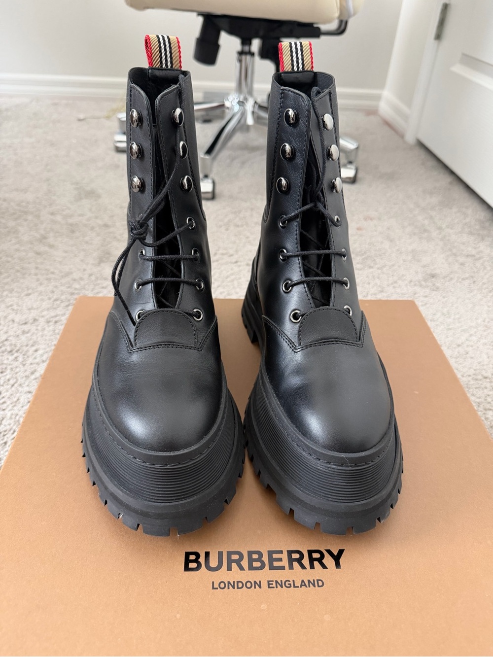 Burberry Black Platform Combat Boots with Red & White Pull Tabs
